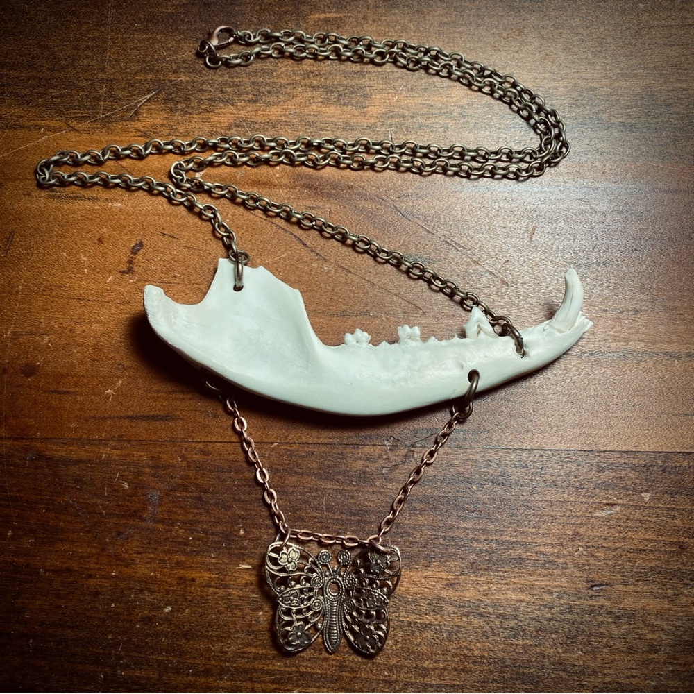 Possum Jawbone Gold Butterfly Oxidized Brass Copper Chain Necklace